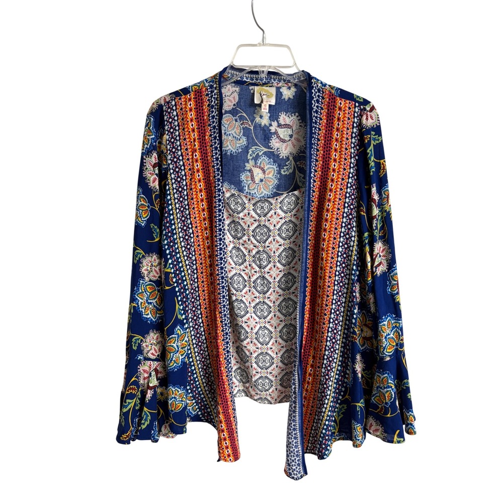 Fig and Flower Kimono Cardigan Top Built-In Tank Boho Chic Artisan Floral Small